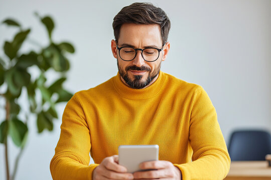 man in yellow sweater is using smartphone while sitting indoors, with plant in background - Powered by Adobe