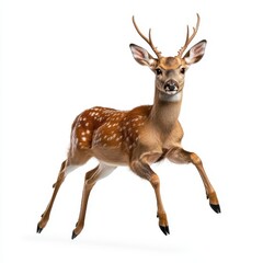 Fototapeta premium Young Deer with Antlers in Playful Jumping Pose