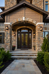 Fototapeta premium Majestic Stone House Entrance: Architectural Design and Landscaping