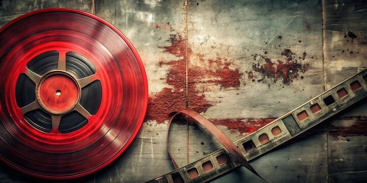 Old red film strip overlay on a scratched vinyl record surface with black cracks and fading edges, with a vintage audio player in the background, analog sound, movie posters