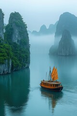Tranquil boat gliding through misty waters of limestone karsts during early morning