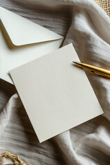 Blank textured invitation card mockup on soft fabric background with elegant gold pen