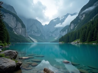 A serene lake nestled among mountains, with a cloudy sky above