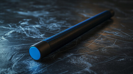 Close-up of a sleek blue and black relay race baton resting on a textured dark surface