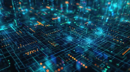 Obraz premium vibrant digital landscape featuring glowing lines and nodes, representing data flow and technology. intricate patterns create sense of depth and innovation
