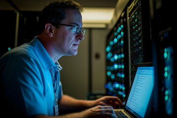 A focused technician works on a laptop in a dimly lit server room, surrounded by glowing servers and data equipment.