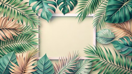 Lush Tropical Foliage Arranged Around a Blank Frame for Text or Image Placement