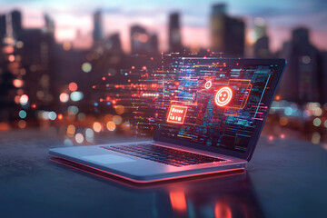 laptop displaying digital data and futuristic graphics against cityscape background, emphasizing high tech UX and fast search capabilities