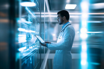 A focused healthcare professional interacts with digital technology, showcasing modern medical practices and data management in a high-tech environment.