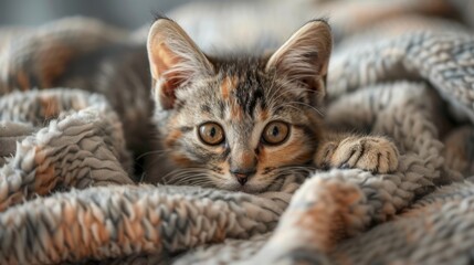 cute kitten resting on cozy blanket, showcasing its curious expression and soft fur. warm tones of blanket complement kitten playful demeanor