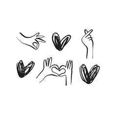 Obraz premium Hands with hearts collection of illustrations in hand drawn style. Vector Illustration of hands and hearts. Line art in a minimalist style. Logo design, posters, cards.
