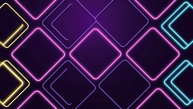 Hi-Tech Circuit Board with Neon Lights. Abstract Square Shapes with Neon Glow. Modern Digital Interface with Glowing Squares. Cyberpunk Neon Geometry Background. Futuristic Tech-Inspired Glowing Grid