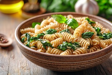 Rustic bowl of spinach pasta