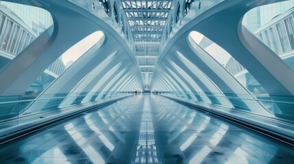 Obraz premium modern architectural interior featuring sleek lines and reflective surfaces, showcasing futuristic design with spacious walkway