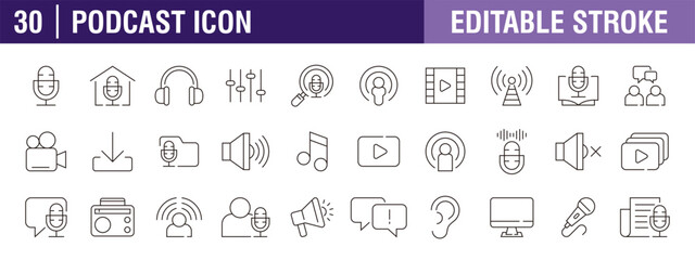 Collection of podcast icons. Interviews, media. Vector design template, signs, symbols, editable stroke.