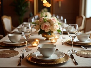 A beautifully set table with elegant dishes and a stunning floral centerpiece
