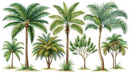 Collection of Lush Tropical Palm Trees and Other Foliage on White Background
