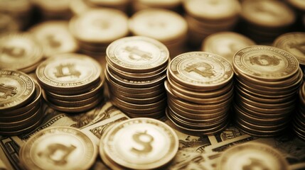 Stacks of Litecoin and Dollar Bills: Cryptocurrency and Fiat Currency