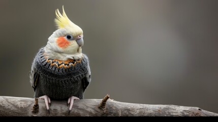 Obraz premium cockatiel wearing cozy sweater perched on branch, showcasing its vibrant colors and playful demeanor. This charming bird adds whimsical touch to any setting