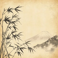 Obraz premium Bamboo stalks and Mount Fuji in a misty landscape