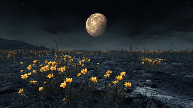 Night scene, yellow flowers, moonlit landscape, rocky ground, fantasy setting; ideal for fantasy, sci-fi, or dreamscape imagery