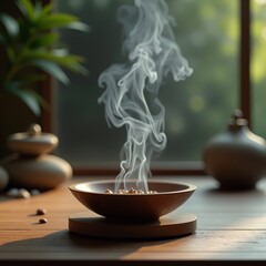 Aromatic smoke rising from a wooden bowl