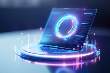 futuristic laptop with glowing holographic interface on sleek table, showcasing dynamic product display with vibrant colors and digital elements