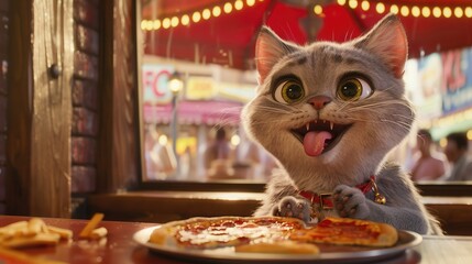 Cute gray cat enjoys pizza while sitting at a table in a busy fast food restaurant