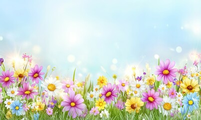 Colorful wildflowers blooming in a sunny meadow, spring background, ideal for nature-themed designs