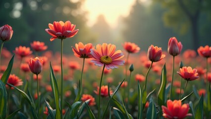 Naklejka premium Vibrant tulips in a lush green field
