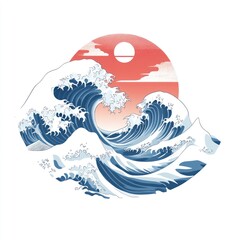 Obraz premium Great Wave Sunset Ocean Art Japanese Style