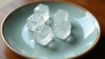 Melting white jelly cubes with water droplets on a plate in soft lighting	