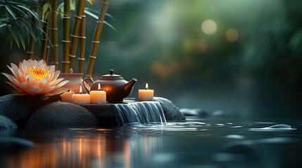 Tranquil Water Scene with Lotus Flower and Teapot in Nature