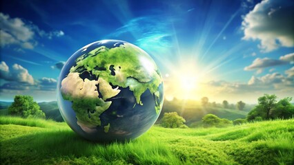 Serene Global Landscape A Lush Green Meadow with a Vibrant Earth Sphere at Sunrise