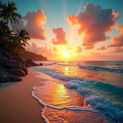 A serene beach scene with a vibrant sunset