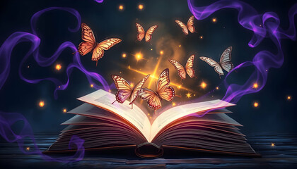 magical glowing open book, vibrant butterflies emerging from pages, swirling purple ribbons, sparkles and light particles, dark background, fantasy illustration, colorful, ethereal, whimsical, detaile