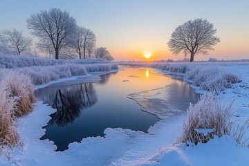 Serene Winter Sunrise Over a Frozen River