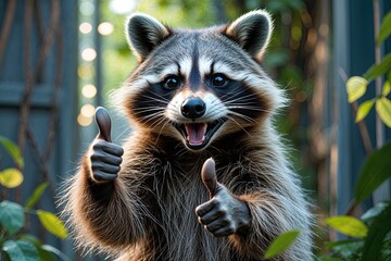Obraz premium A Thrilled Raccoon Showing Off Its Thumbs Up on a Painted Canvas