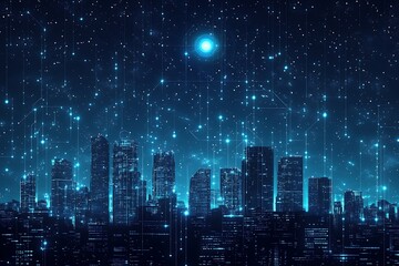 Obraz premium A futuristic city skyline illuminated by digital elements and stars.