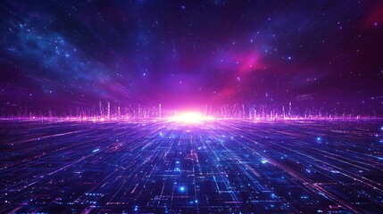 A vibrant digital landscape with glowing lines and a cosmic backdrop.