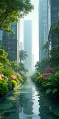 A serene city oasis with lush greenery and a tranquil waterway