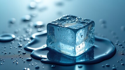 Single melting ice cube with water droplets on a reflective wet surface	
