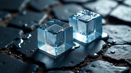 Melting ice cubes with water droplets on a dark slate surface in moody lighting	