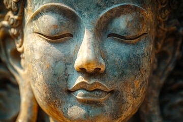 Serene Buddha statue, outdoor garden, sunlight