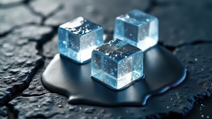 Melting ice cubes with water droplets on a dark slate surface in moody lighting	