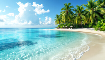 Obraz premium Stunning Tropical Beach Scene with Palm Trees and Turquoise Water