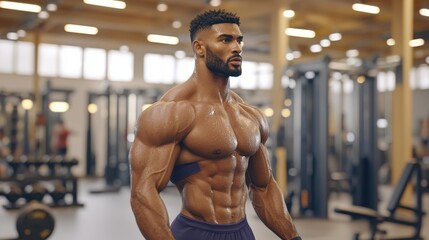 Fototapeta premium Strong Man Posing in Modern Gym with Weights and Fitness Equipment