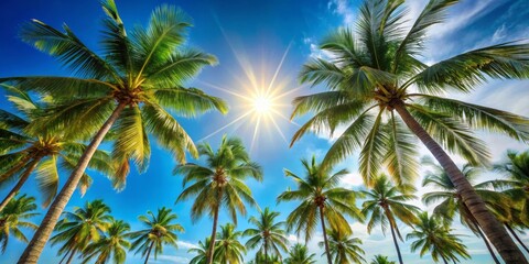 Obraz premium Lush Tropical Paradise A Vibrant View of Palm Trees Reaching for the Sun's Golden Rays on a Clear Blue Sky