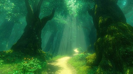 Enchanted Forest with Sunlight Streaming Through Lush Green Trees