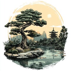 Obraz premium Serene Japanese Garden Landscape Featuring Bonsai Tree and Pagoda